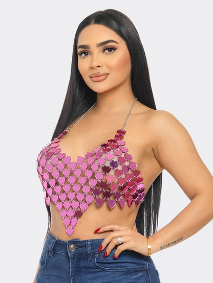 Sparkling Heart Sequin Halter Crop Top - Perfect for Party, Club, and Festival Outfits in Purple and Silver MyFave Boutique