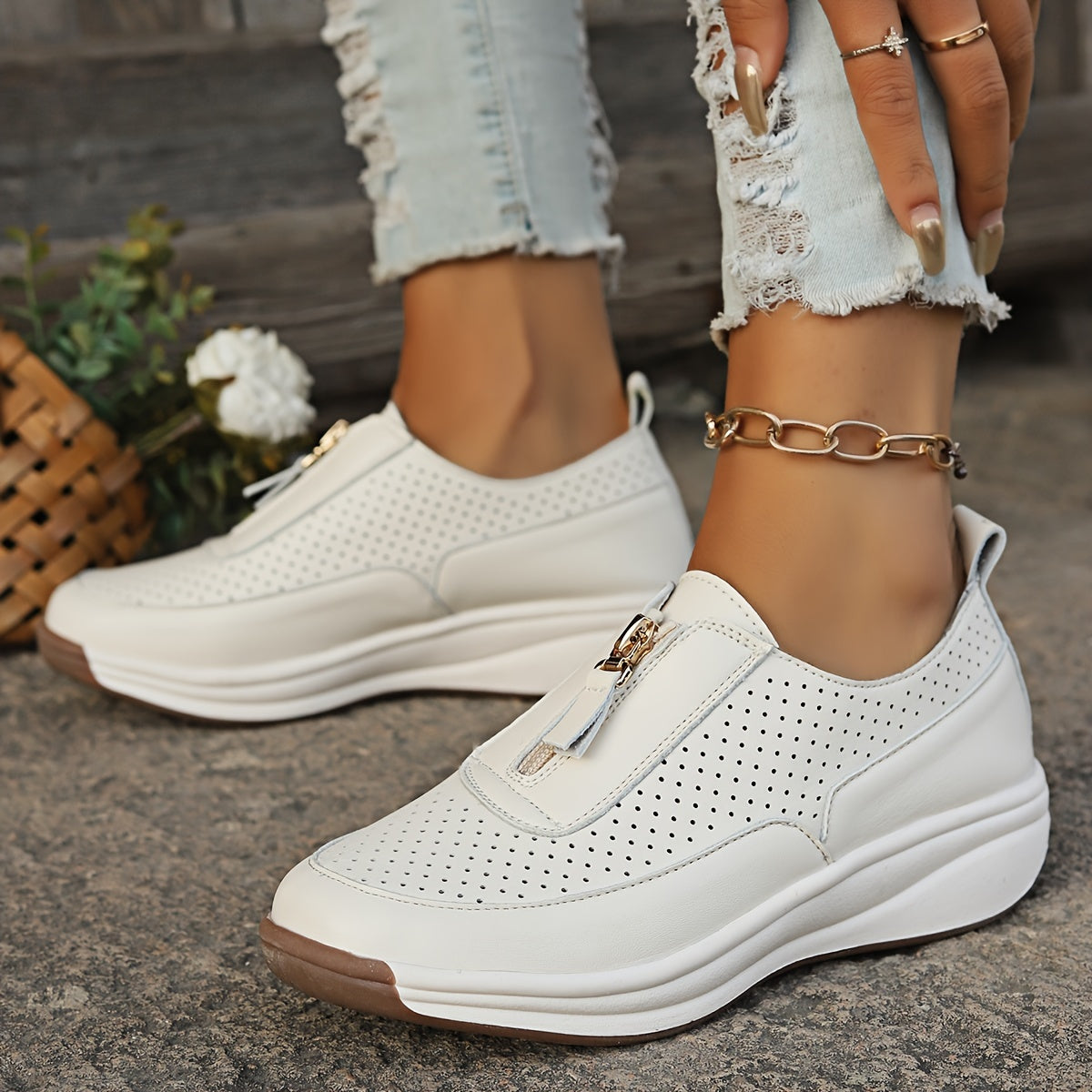 Women's Platform Sneakers with Zipper, Hollow Out Design, Casual Low Top Shoes for Outdoor Activities MyFave Boutique