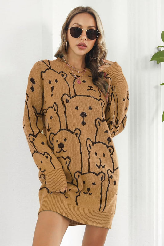 Bear Pattern Round Neck Sweater Dress Trendsi