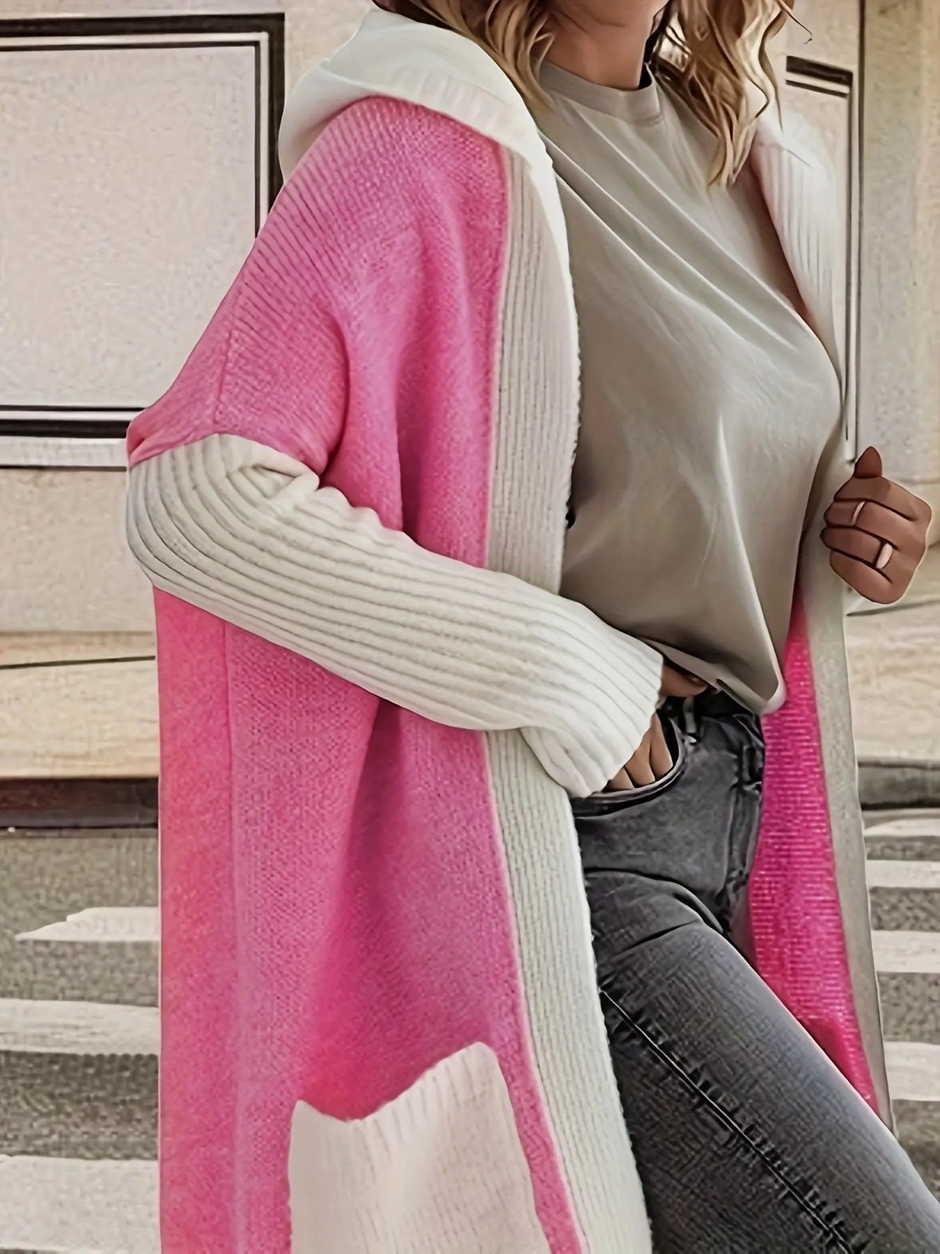 Color Block Open Front Hooded Knit Cardigan, Elegant Long Sleeve Mid-length Cardigan For Winter & Fall, Women's Clothing MyFave Boutique