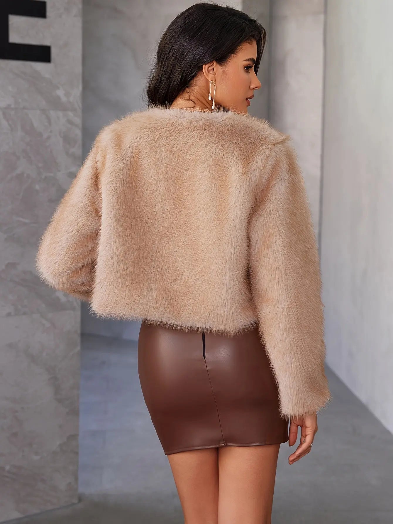 Open Front Faux Fur Crop Coat, Elegant Thermal Long Sleeve Fluffy Coat For Fall & Winter, Women's Clothing MyFave Boutique