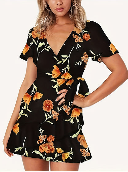 Floral Print V Neck Dress, Elegant Short Sleeve Waist Belt Dress For Spring & Summer, Women's Clothing MyFave Boutique