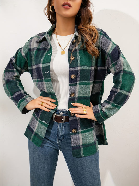 Women's Fall Color Block Plaid Flannel Shacket Jacket Button Down Shirt Coat Tops MyFave Boutique