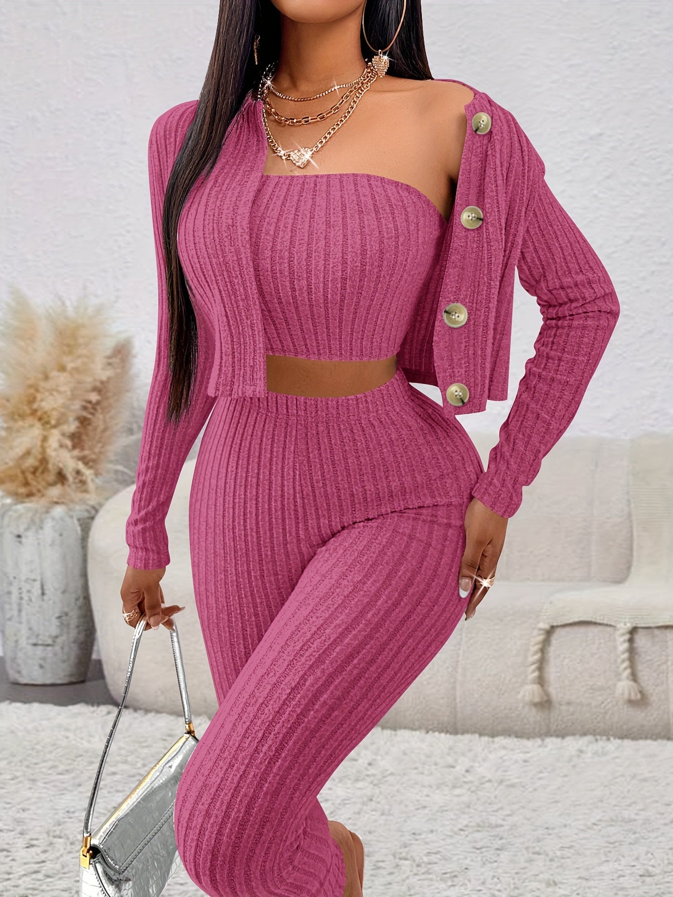 Ribbed Casual Three-piece Set, Button Front Long Sleeve Cardigan & Sleeveless Crop Top & Slim Pants Outfits, Women's Clothing MyFave Boutique