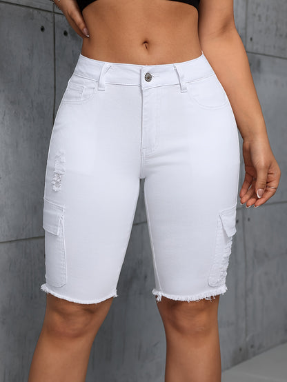 Plain White Ripped Raw Hem Stretchy Side Flap Pocket Cargo Bermuda Denim Shorts, Women's Denim Jeans & Clothing MyFave Boutique