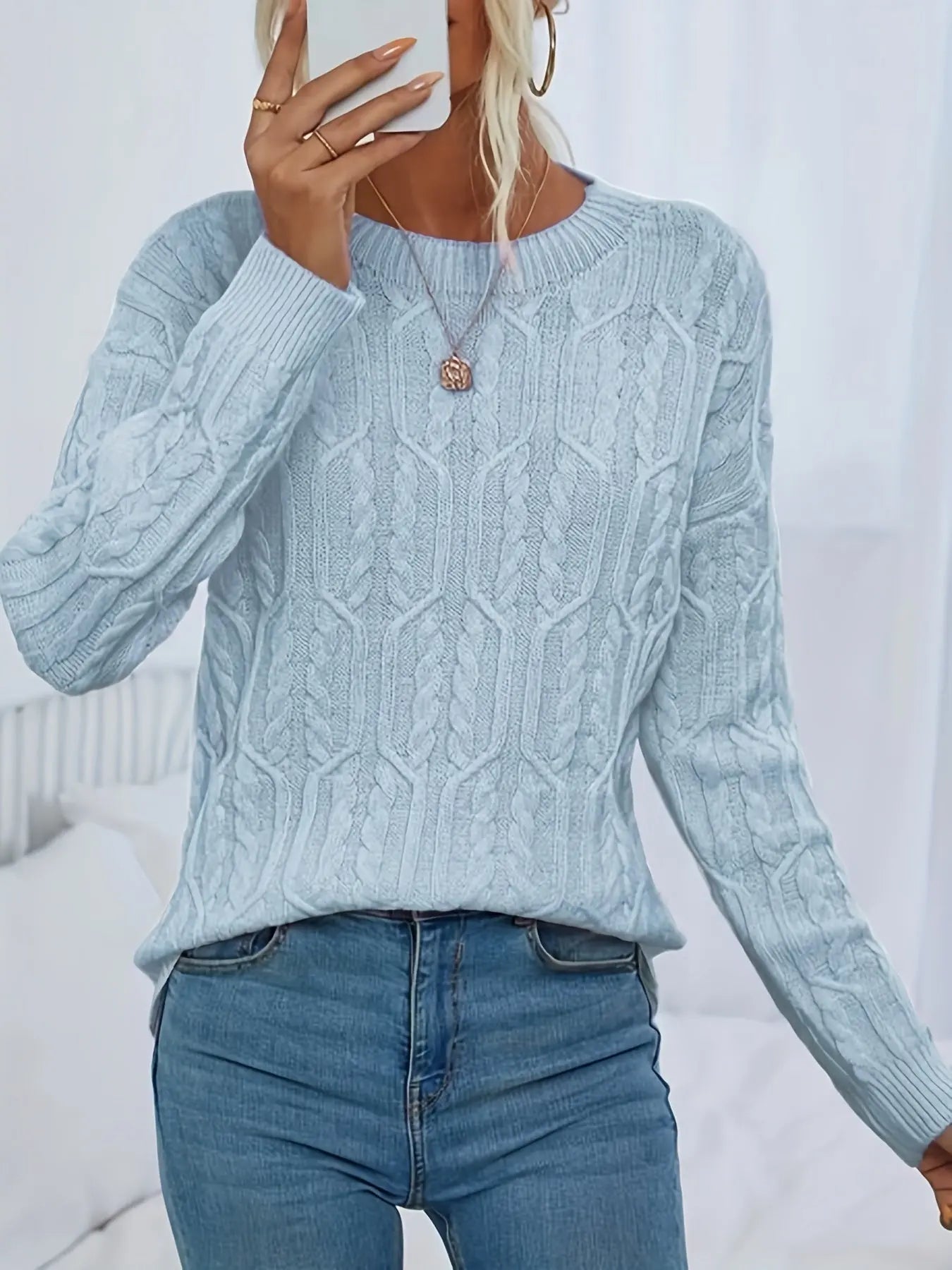 Crew Neck Solid Knitted Sweater, Casual Long Sleeve Sweater, Women's Clothing MyFave Boutique