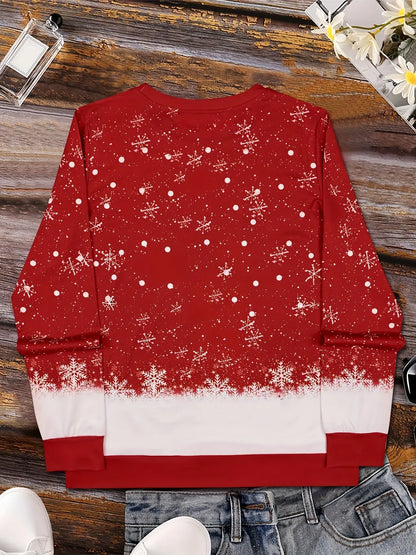 Women's Festive Snowman & Snowflake Print Crew Neck Sweatshirt - Casual Long Sleeve Pullover, Breathable Polyester Blend, Machine Washable, Stretch Fabric, Perfect Christmas Gift Idea MyFave Boutique