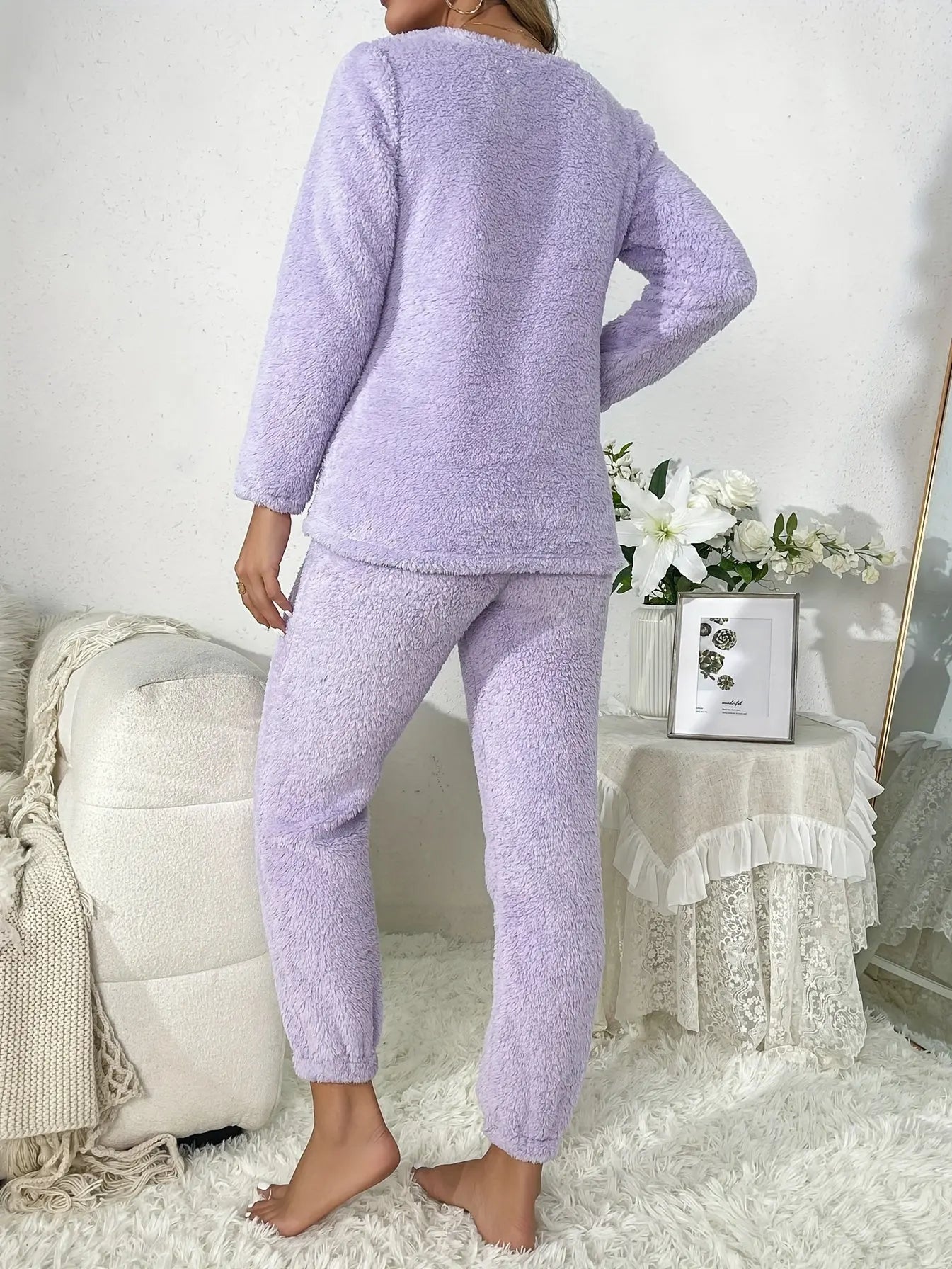 2pcs Plush Loungewear Set For Winter & Fall, Long Sleeve Top & Solid Pants, Women's Loungewear & Sleepwear MyFave Boutique