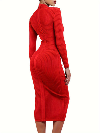 Women's Long Sleeves Cross Strap Ribbed Club Party Midi Bodycon Bandage Dress MyFave Boutique