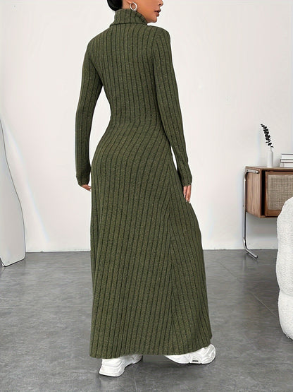 Solid Color Turtle Neck Ribbed Dress, Elegant Long Sleeve Flared Maxi Dress For Spring & Fall, Women's Clothing MyFave Boutique