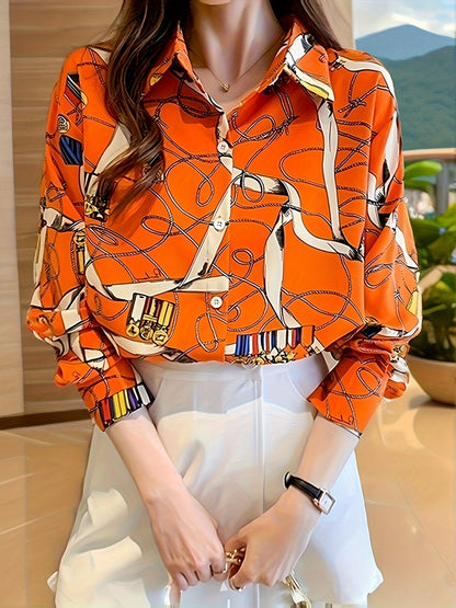 Chain Print Button Down Blouse, Elegant Collared Long Sleeve Blouse For Spring & Fall, Women's Clothing MyFave Boutique