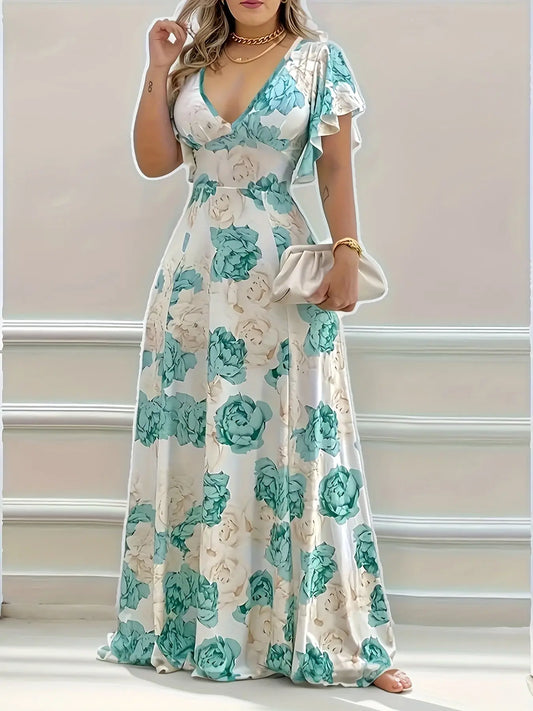 Floral V-neck Maxi Dress with Elegant Flutter Sleeves for Spring & Summer, Women's Fashion MyFave Boutique