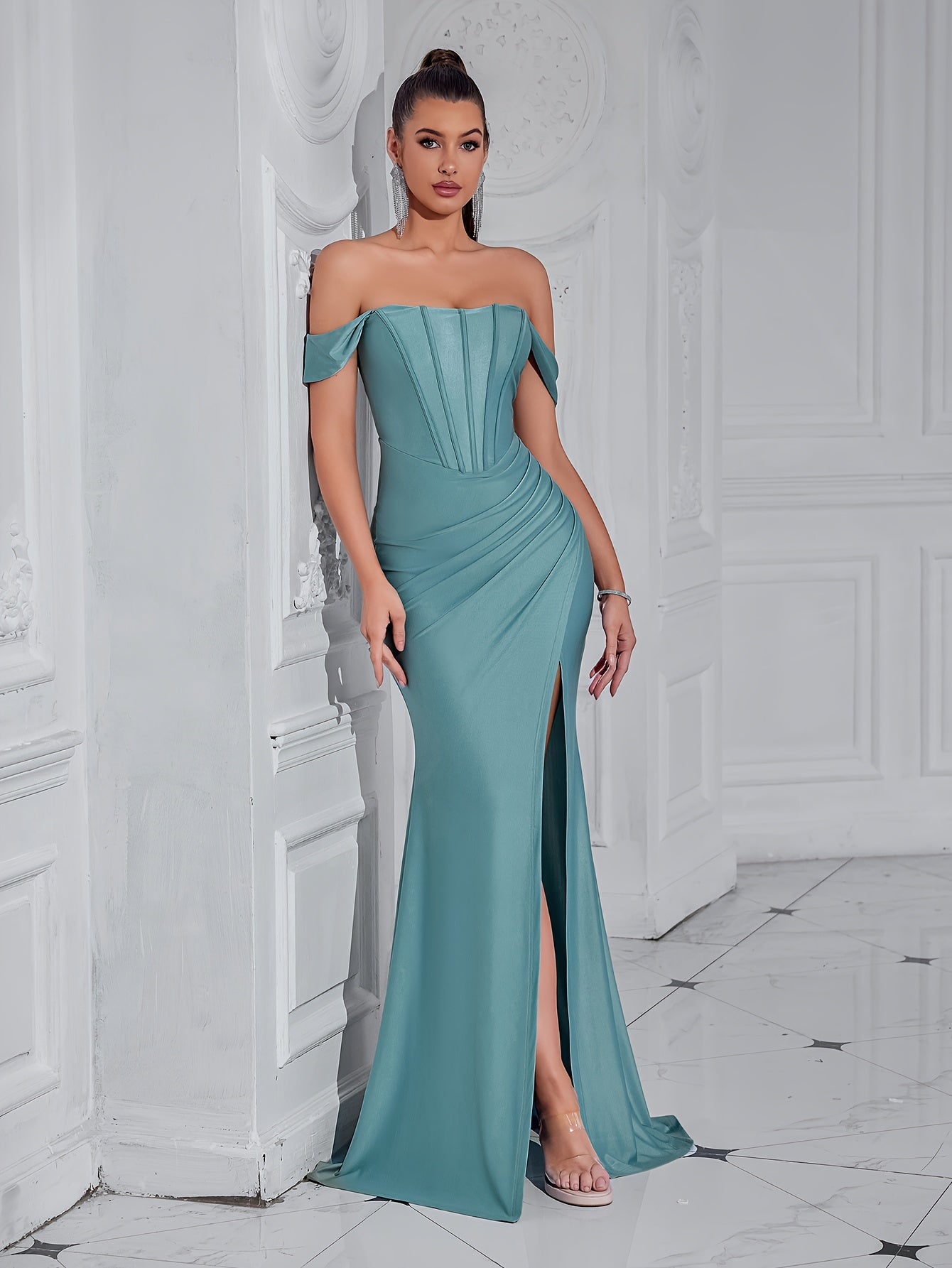 Off Shoulder Bustier Dress, Elegant Ruched Slim-Fit Split Floor Length Mother Of The Bride Dress For Wedding Party, Women's Clothing MyFave Boutique