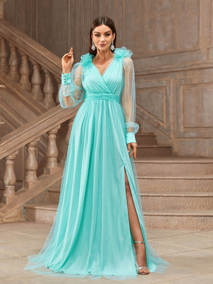 Stereo Flower V Neck Dress, Elegant Long Sleeve Split Evening Dress For Party & Banquet, Women's Clothing MyFave Boutique