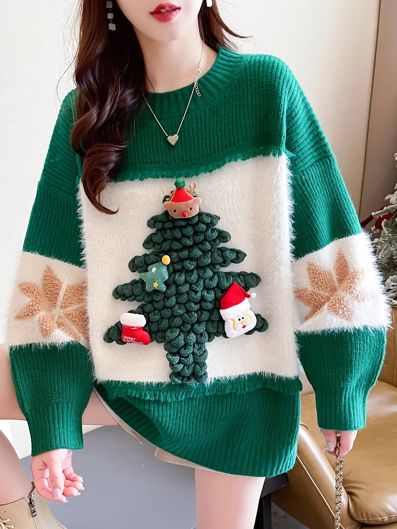 Christmas Tree Decor Crew Neck Sweater, Casual Long Sleeve Sweater For Fall & Winter, Women's Clothing MyFave Boutique