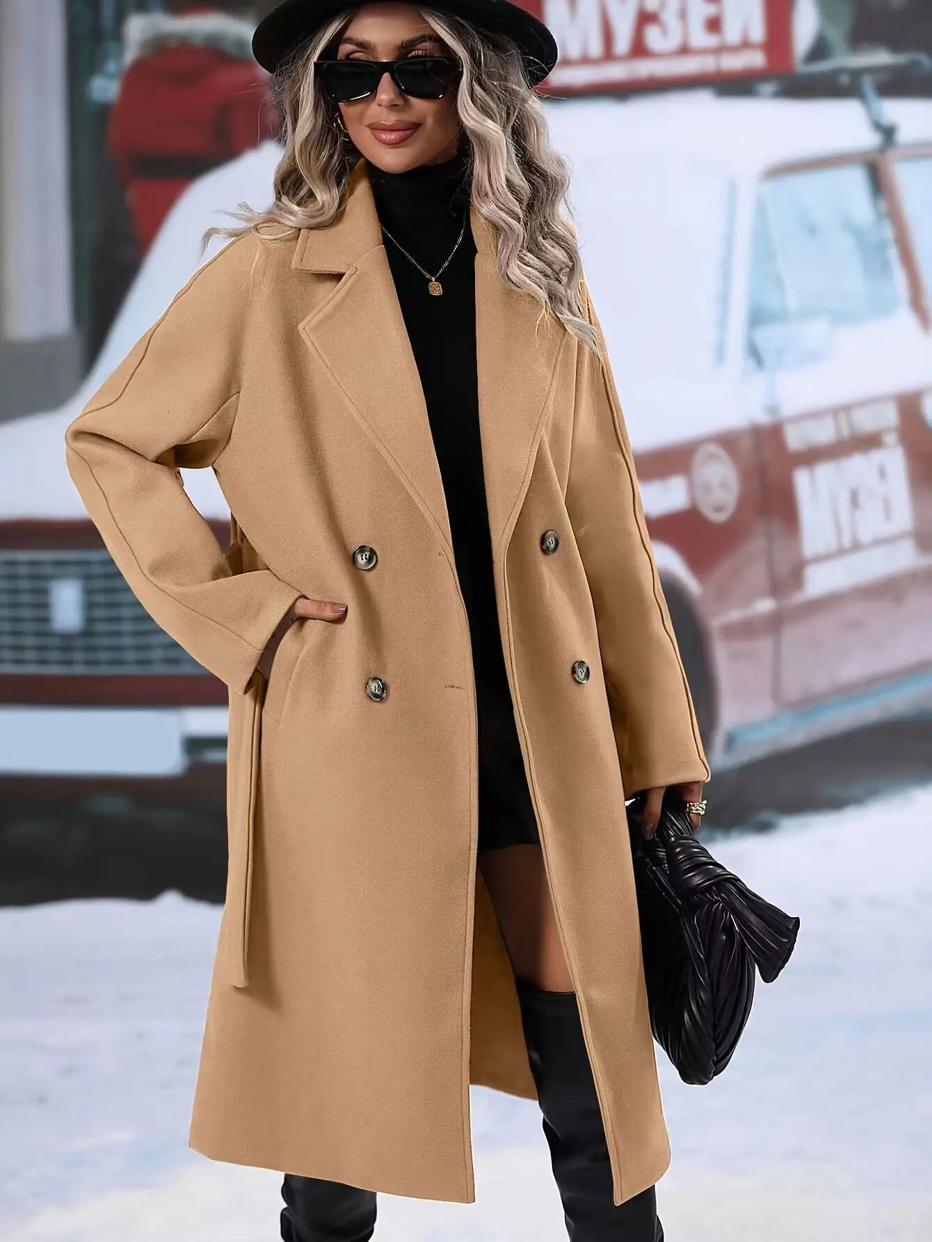 Classic Double-Breasted Belted Wool Coat for Women, Elegant Solid Color Fall Winter Overcoat MyFave Boutique