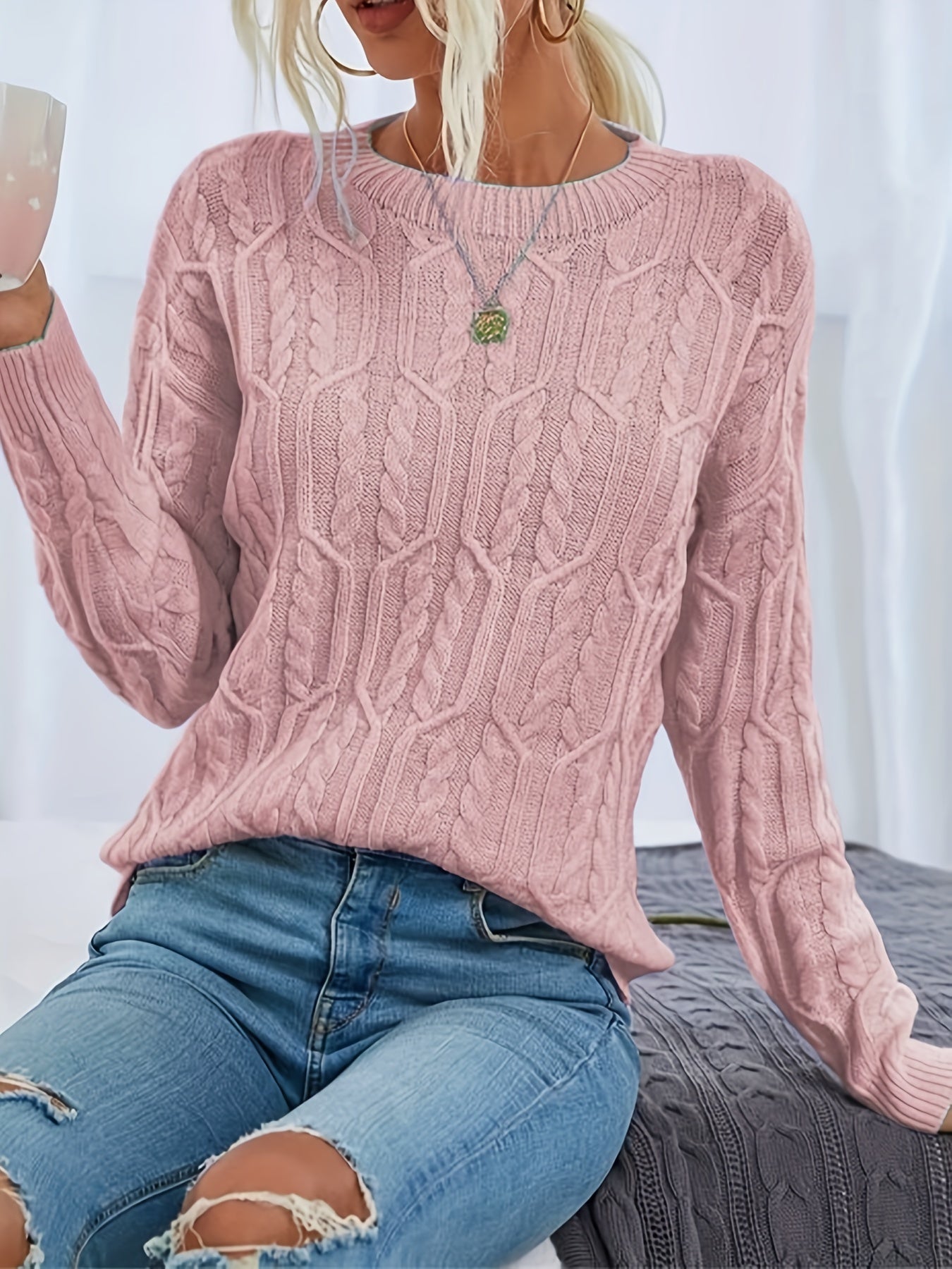 Solid Cable Knit Slouchy Sweater, Elegant Long Sleeve Crew Neck Drop Shoulder Knitted Pullover, Women's Clothing MyFave Boutique