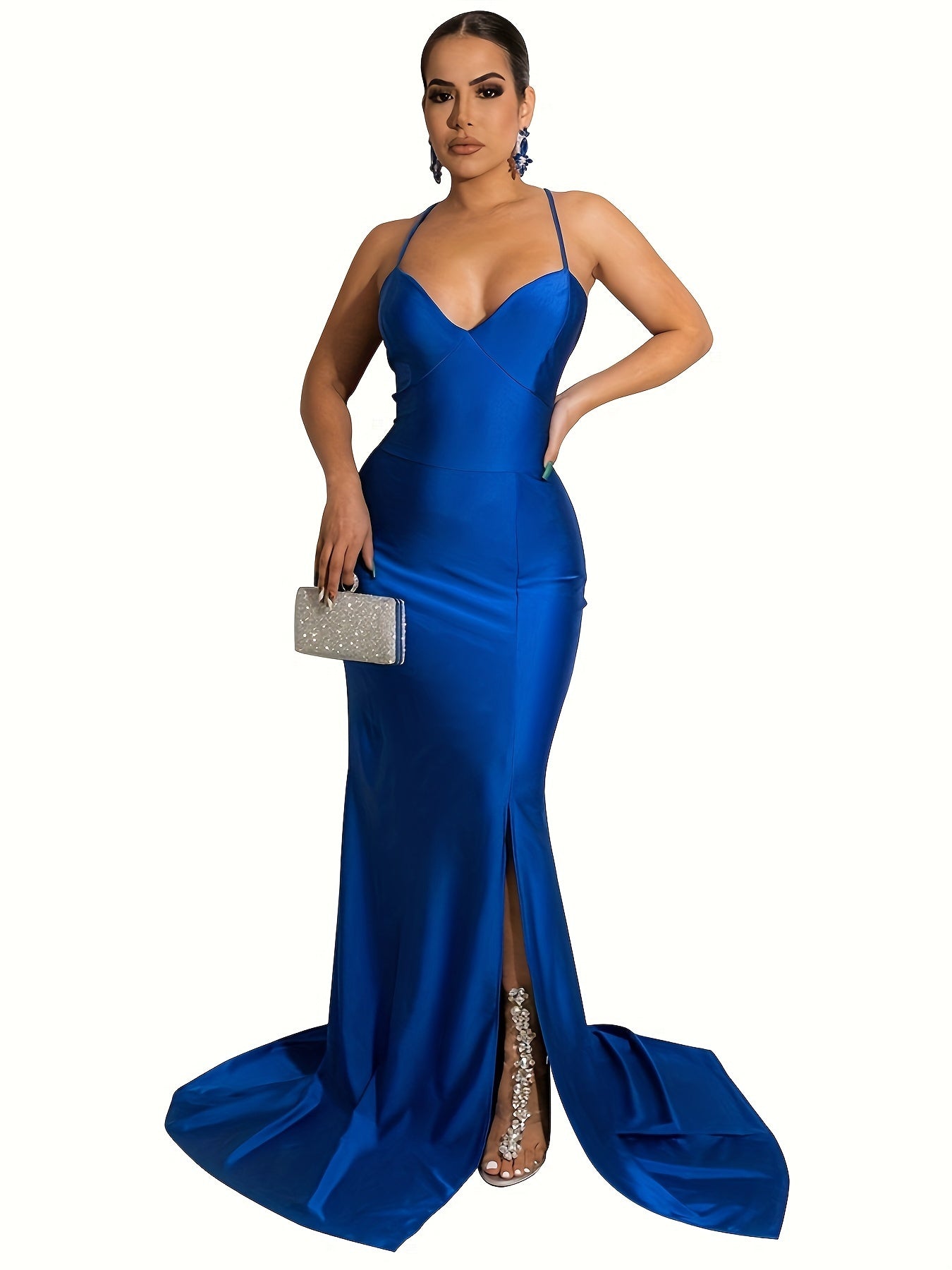 Women Off Shoulder V-Neck Maxi Long Dress Ruched Split Bodycon Mermaid Evening Cocktail Formal Dresses MyFave Boutique