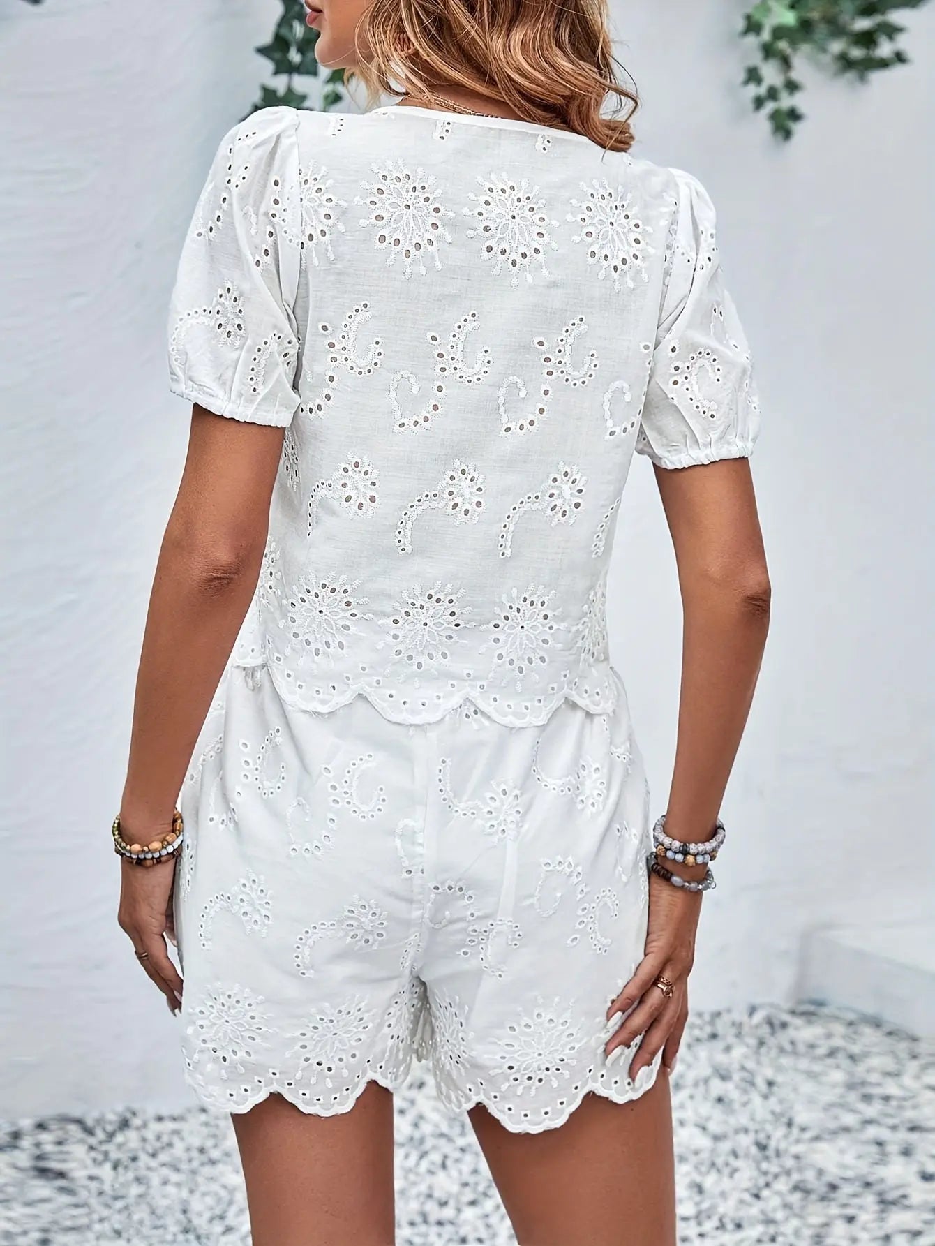 Elegant Solid Eyelet Embroidered Shorts Set, Crew Neck Short Sleeve Blouse & Scallop Trim Loose Shorts For Summer, Women's Clothing MyFave Boutique