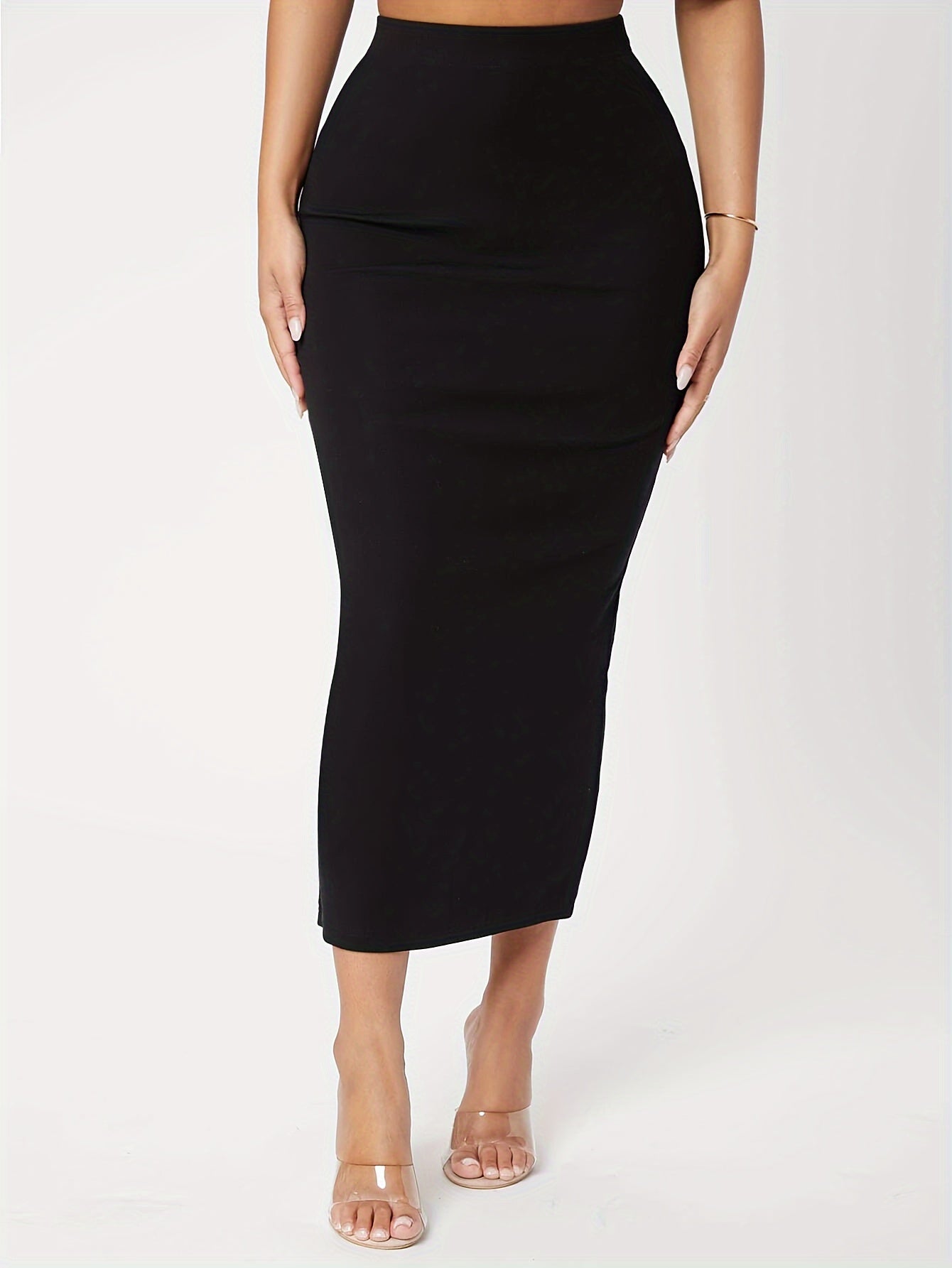 Women's Elegant Midi Pencil Skirt, Solid Color, Polyester, No Belt, Slim Fit, Knit Fabric, Middle East Collection, Spring/Summer/Autumn Season MyFave Boutique