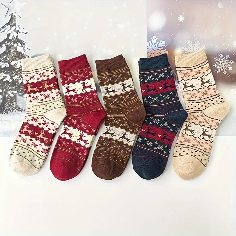 5pcs 5 Pairs Festive Reindeer & Snowflake Wool Socks, Cozy Thick Warm Winter Socks for Women, Soft Polyester Blend, Machine Washable MyFave Boutique