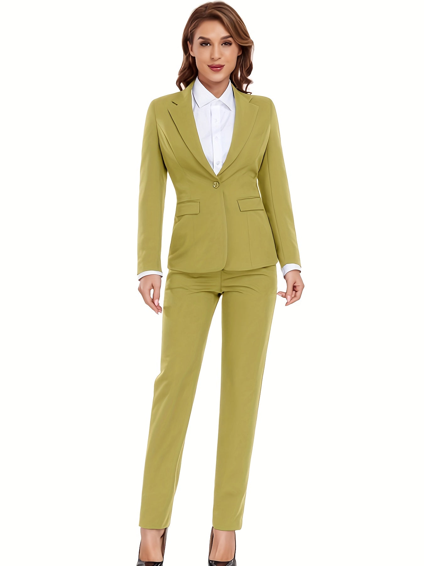 Casual Solid Slim Fit Office Two-piece Blazer Set, Long Sleeve Button Front Blazer & Skinny High Waist Pants Outfits, Women's Clothing MyFave Boutique