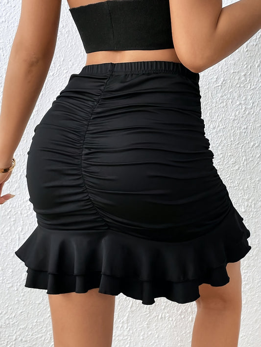 Ruffle Hem High Waist Skirt, Elegant Solid Ruched Bodycon Skirt For Spring & Summer, Women's Clothing MyFave Boutique