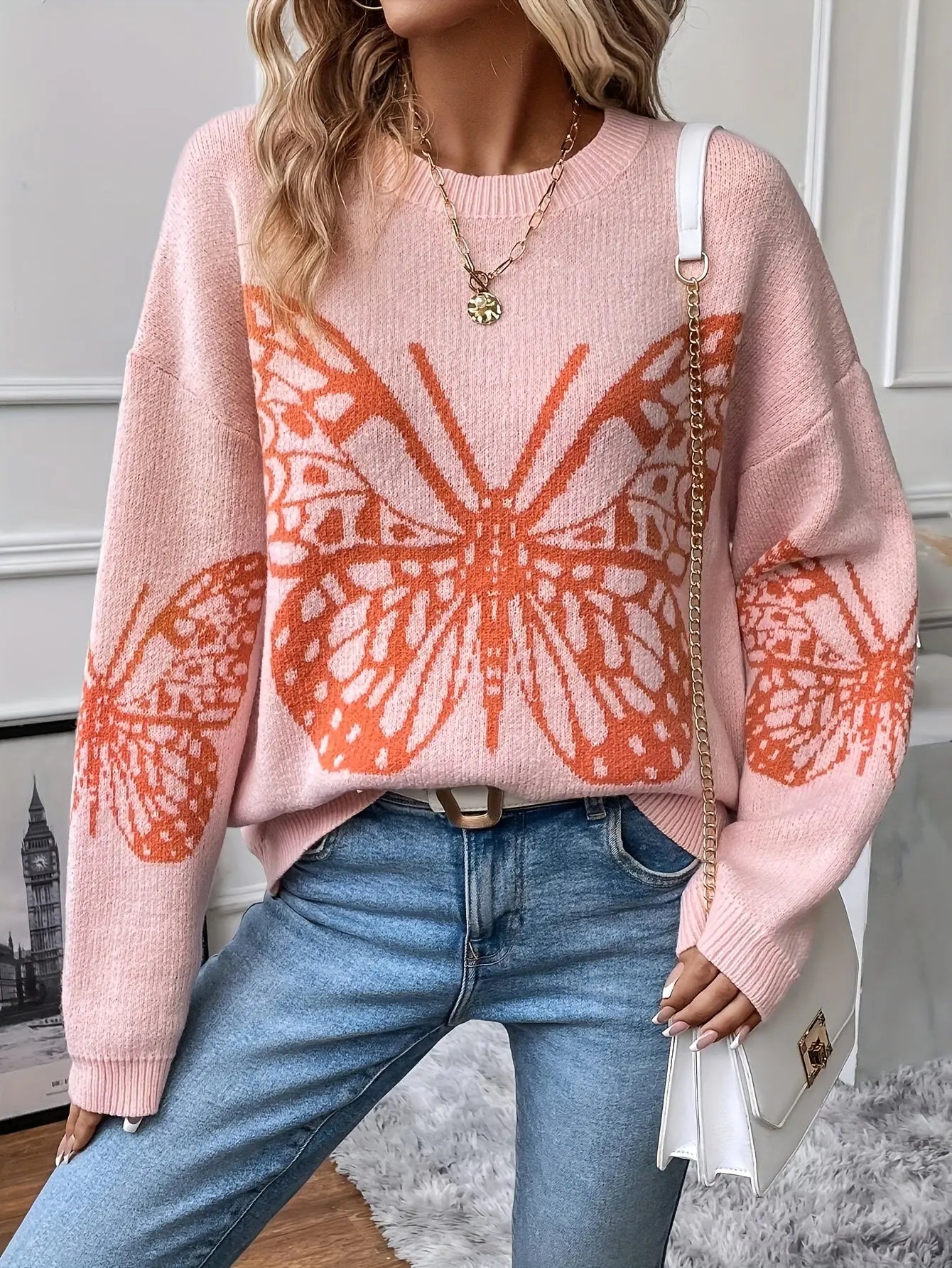 Elegant Butterfly Print Drop Shoulder Sweater for Women, Long Sleeve Fall Winter Cozy Knitwear MyFave Boutique