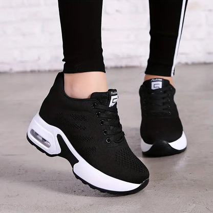 Women's Solid Color Knit Sneakers, Lace Up Heightening Casual Breathable Sporty Trainers, Versatile Low-top Comfy Shoes MyFave Boutique