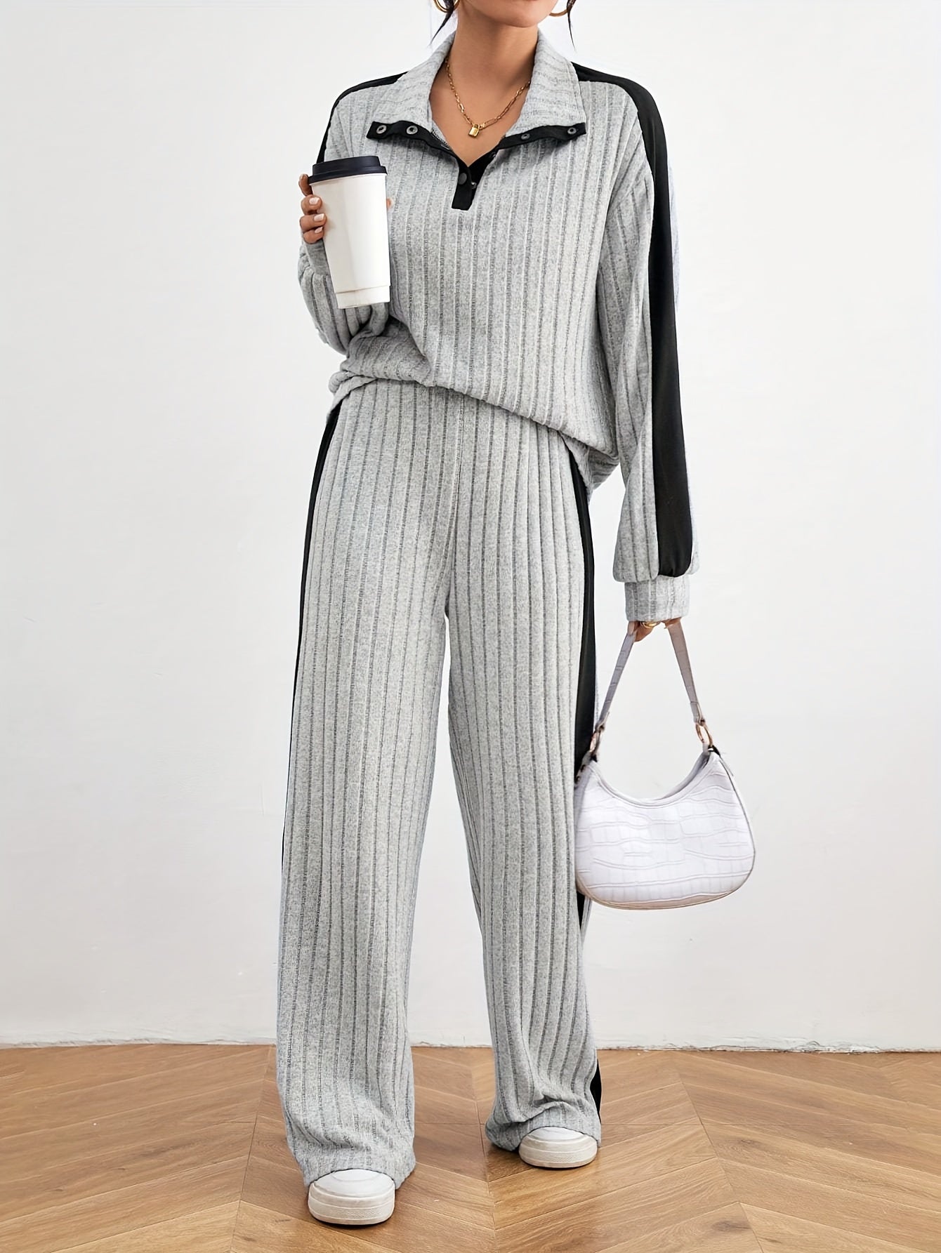 Color Block Ribbed Knit Pants Set, Long Sleeve Quarter Button Lapel Drop Shoulder Sweatshirt & Wide Leg Pants Outfits, Women's Clothing MyFave Boutique