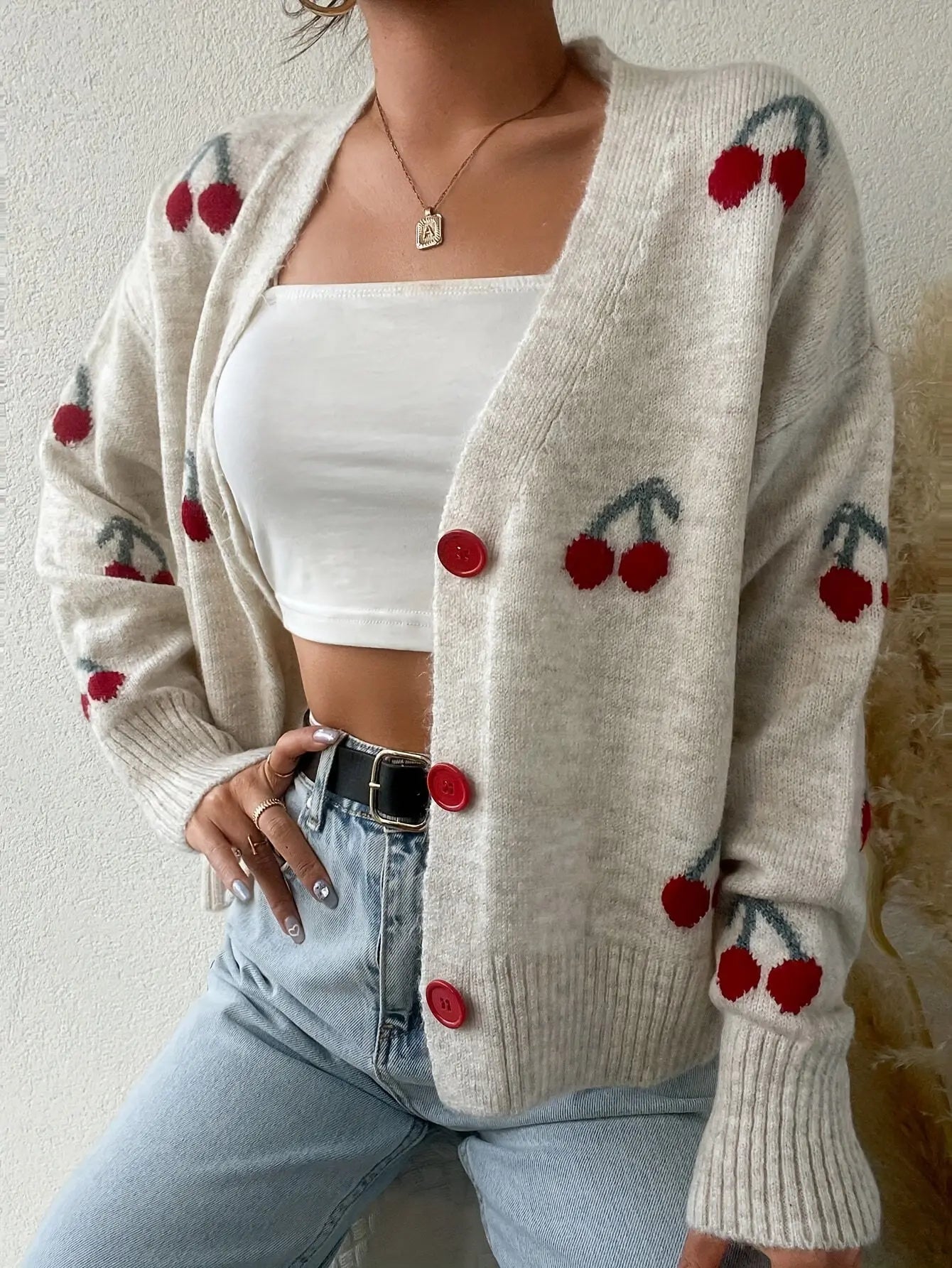 Elegant Acrylic Sweater Cardigan with Color Block Cherry Pattern, V-Neck Knit Fabric Pullover for All Seasons MyFave Boutique