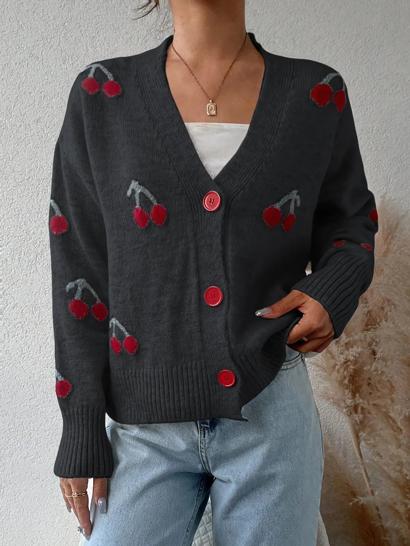 Elegant Acrylic Sweater Cardigan with Color Block Cherry Pattern, V-Neck Knit Fabric Pullover for All Seasons MyFave Boutique