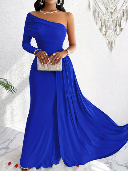 One Shoulder Asymmetrical Flowy Dress, Elegant Ruched Maxi Dress For Party & Banquet, Women's Clothing MyFave Boutique