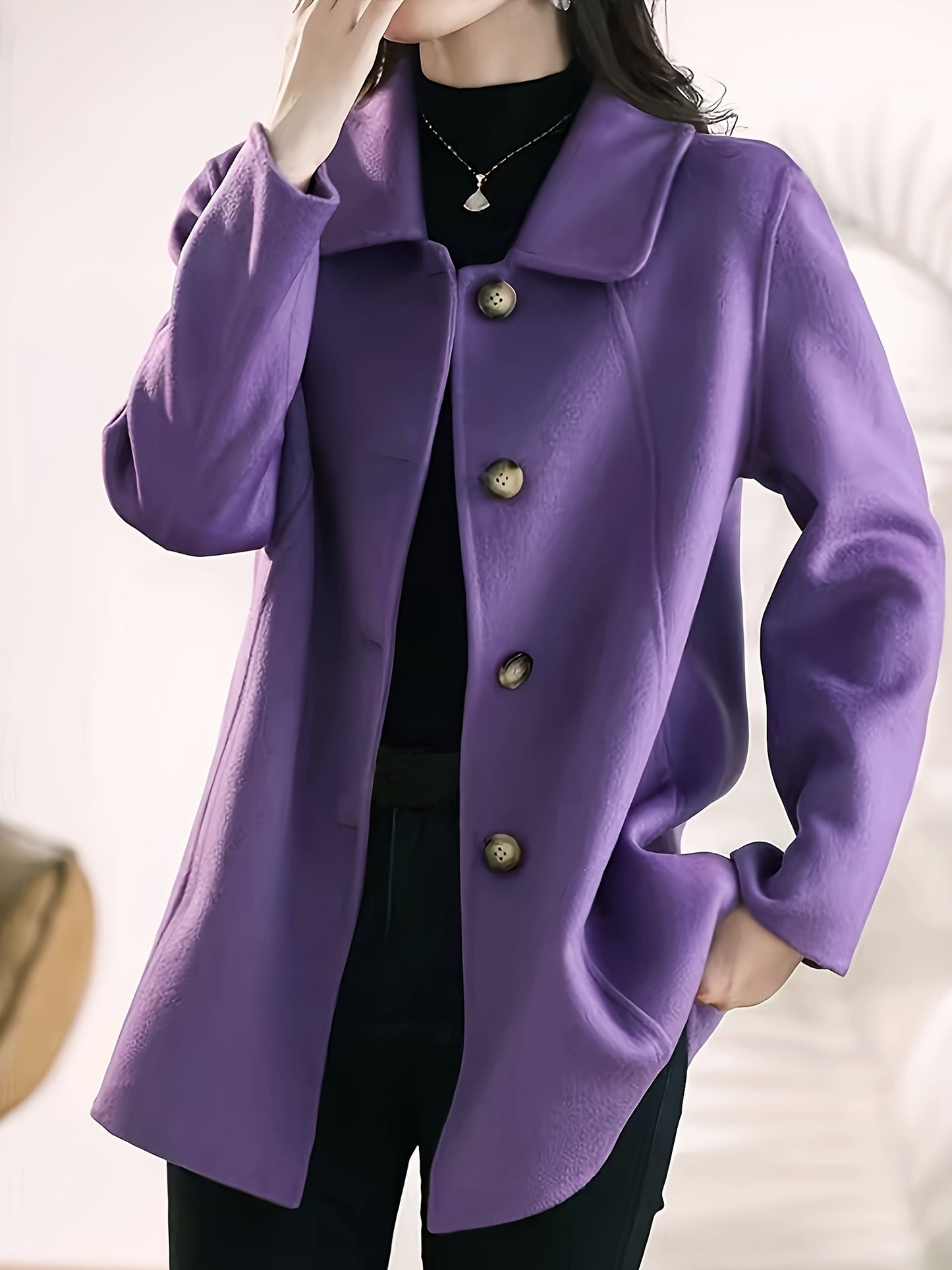 Elegant Solid Color Polyester Long Coat with Pockets – Fall/Winter Collection Woven Polyester 100% Outerwear MyFave Boutique