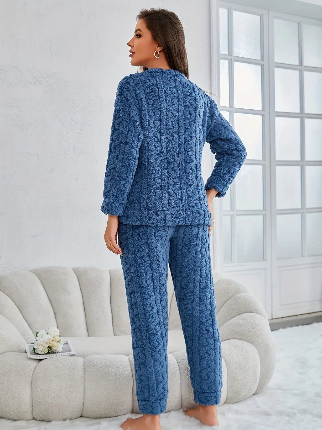 Cozy Winter Knit Pajama Set for Adults - Long Sleeve, Round Neck, Solid Color with Pocket MyFave Boutique