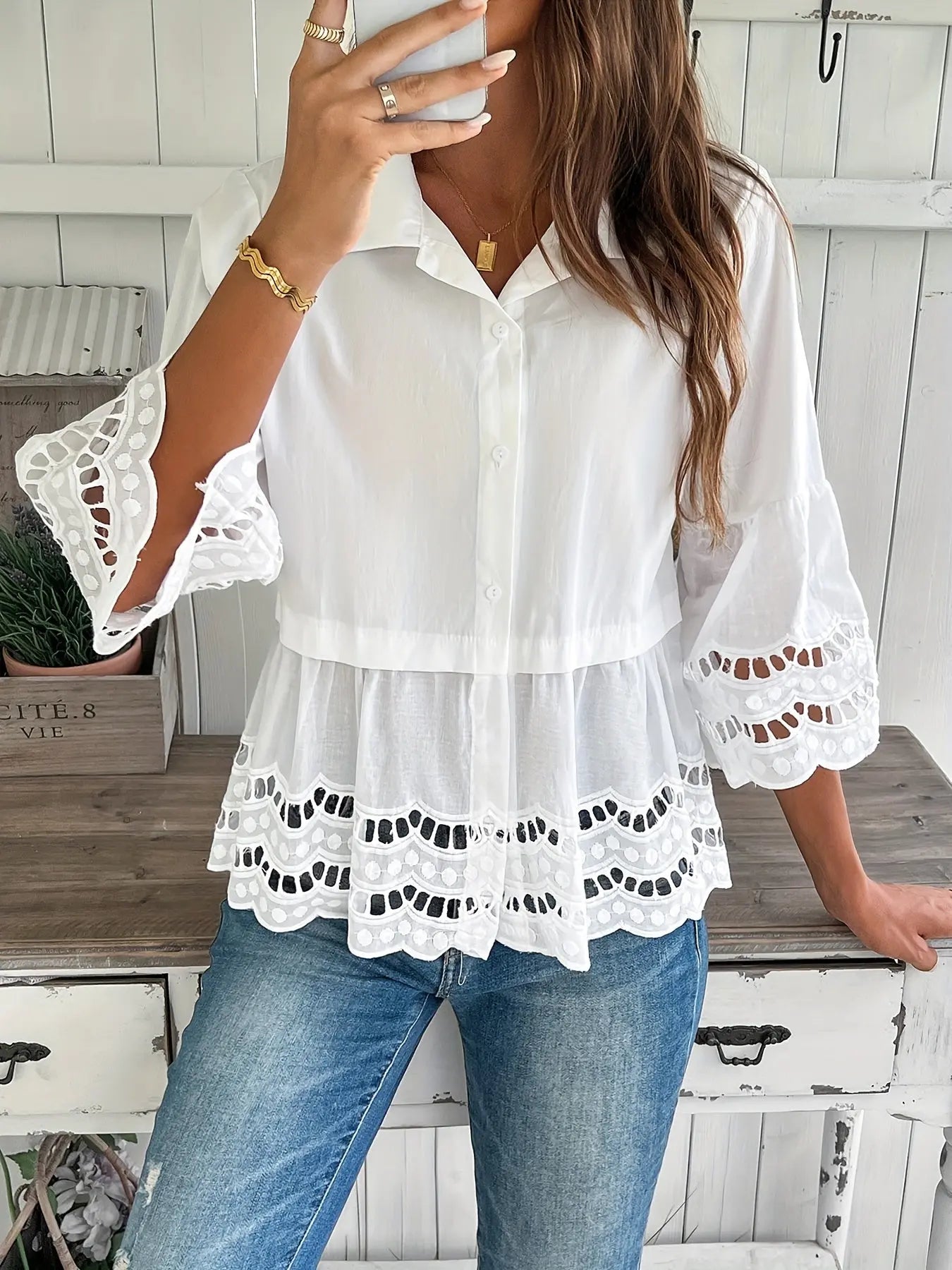 Eyelet Embroidered Button Front Blouse, Casual Three-quarter Sleeve Blouse For Spring & Summer, Women's Clothing MyFave Boutique