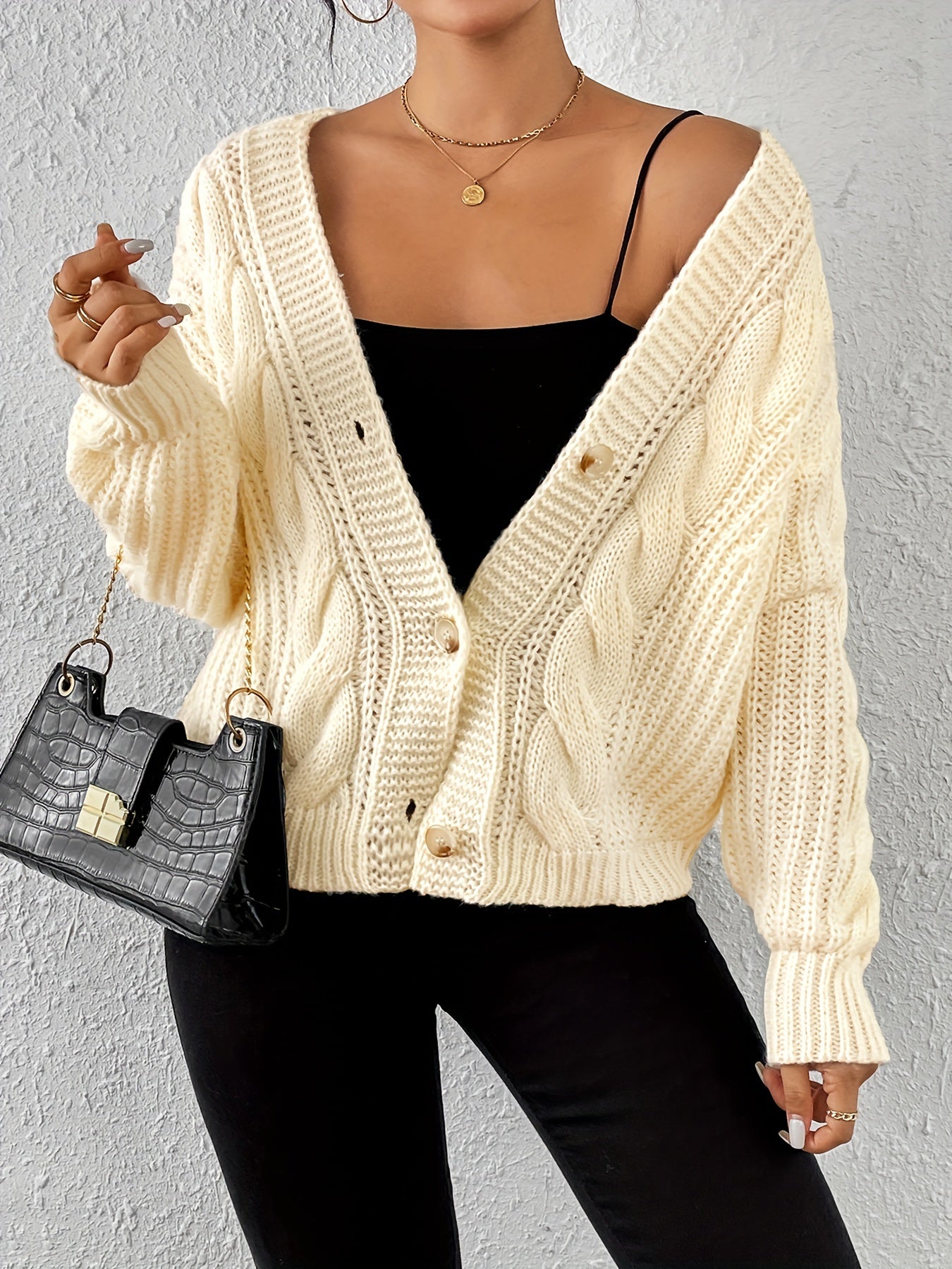 Solid Cable Knit Cardigan, Casual Drop Shoulder Cardigan For Fall & Winter, Women's Clothing MyFave Boutique