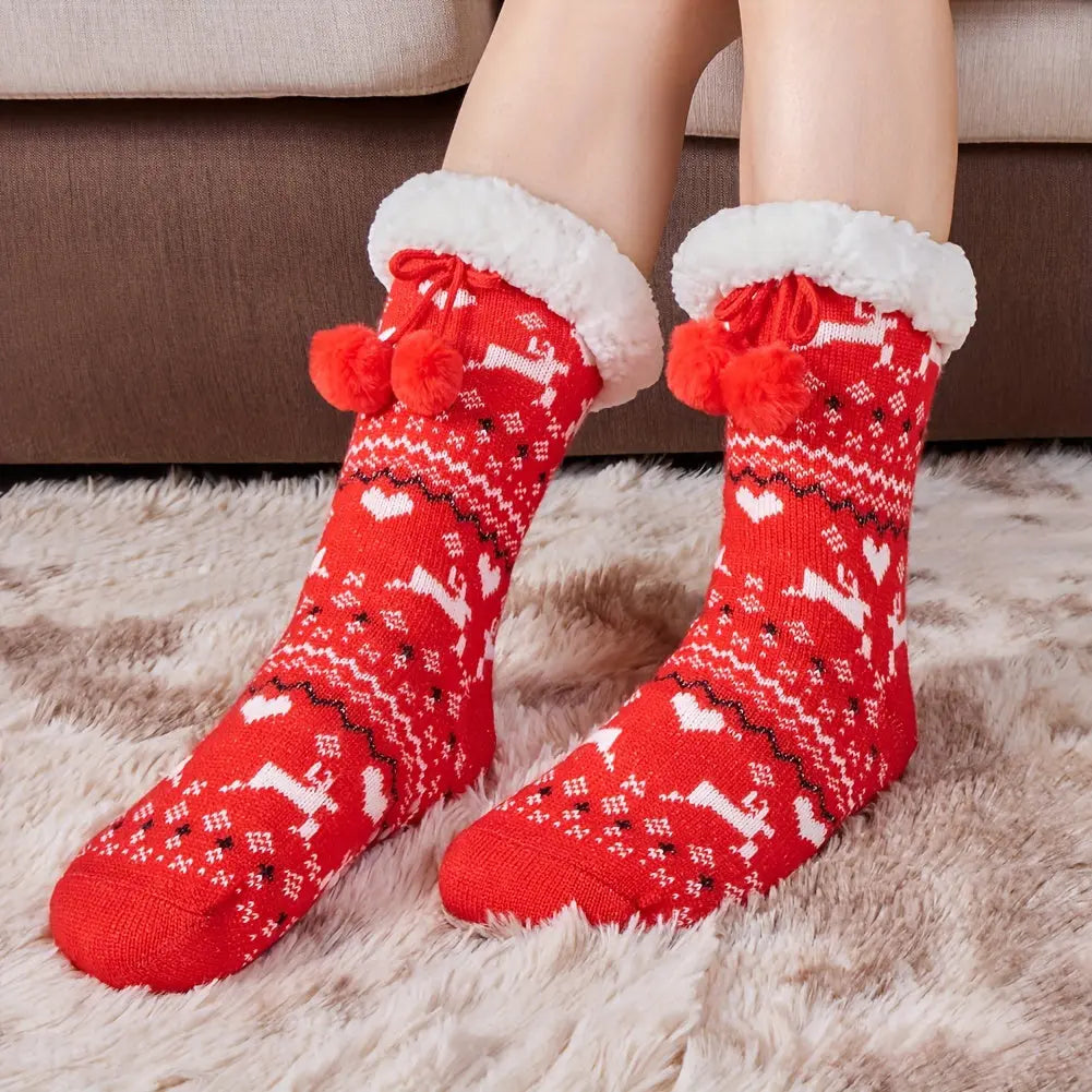 Women's Winter Thick Warm Knitted Socks with Non-Slip Rubber Dots, Plush Acrylic Floor Socks with Pom-Poms, Hand Washable - 1 Pair MyFave Boutique