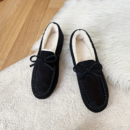 Women's Bowknot Decor Flat Loafers, Casual Slip On Plush Lined Winter Shoes, Women's Comfortable Shoes MyFave Boutique