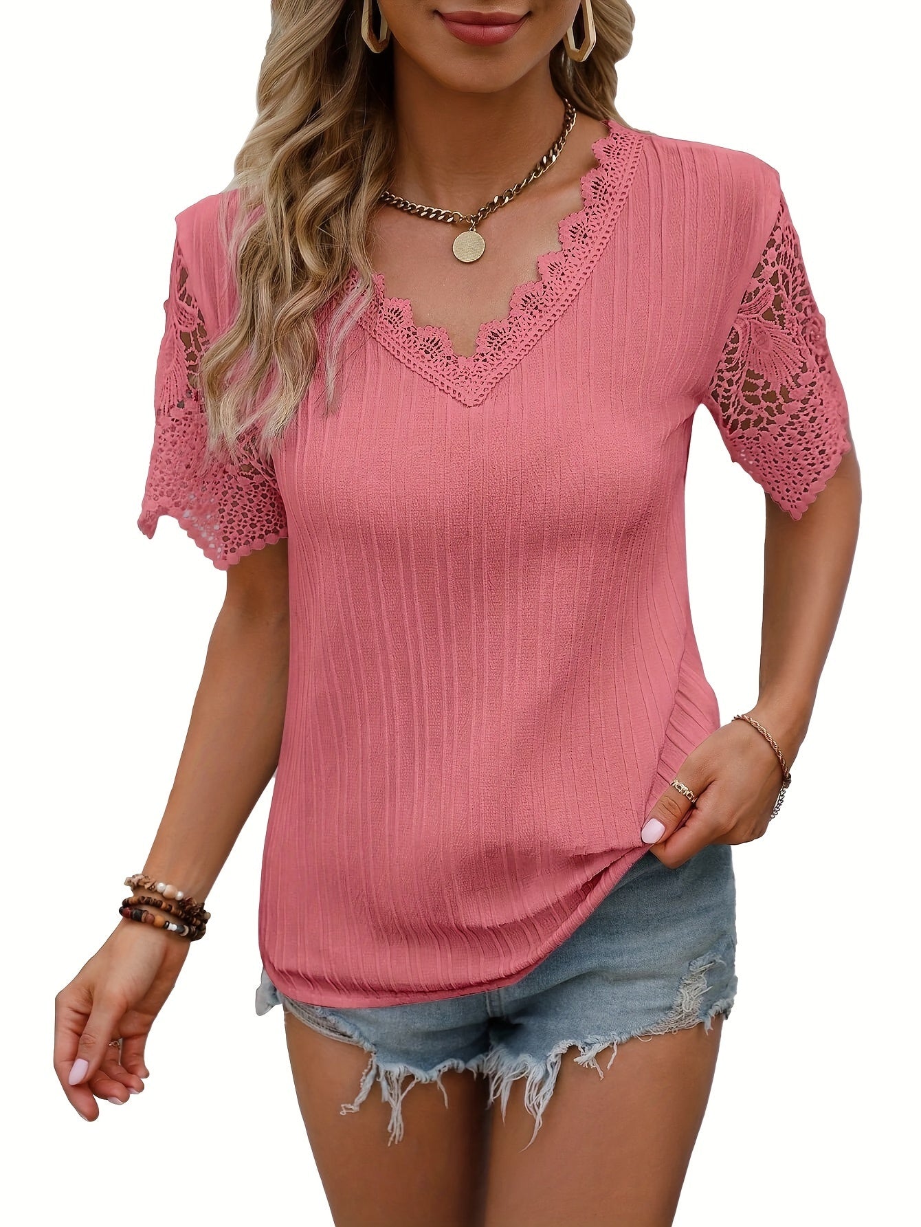 Summer Tops for Women 2024 Fashion Elegant Embroidery Contrast Cute V Neck Lace Short Sleeves Blouse Dressy Casual MyFave Boutique