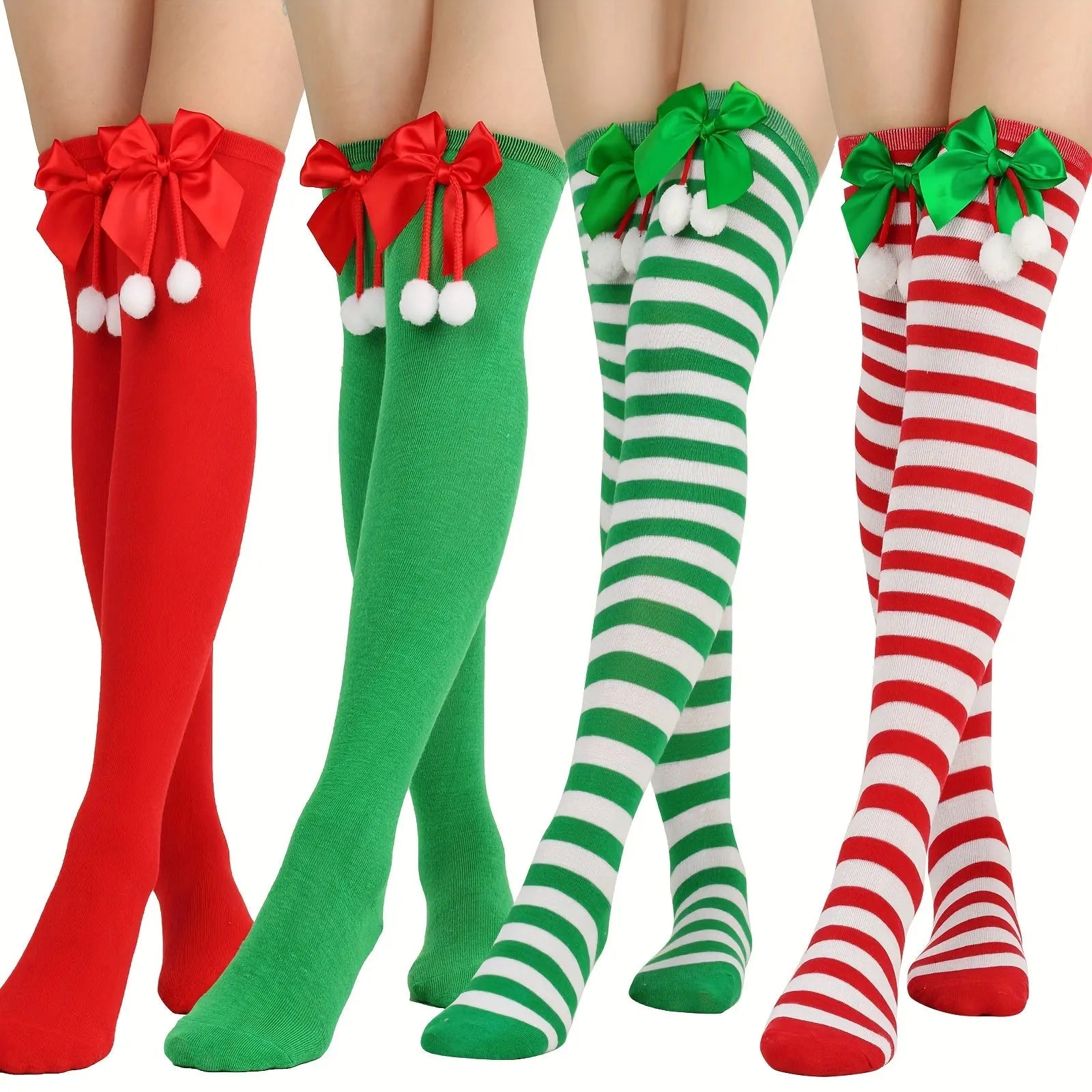 Cozy Women's Over-the-Knee Christmas Socks with Bow & Pompom - Warm Striped Polyester Leggings for Holiday Gifts MyFave Boutique