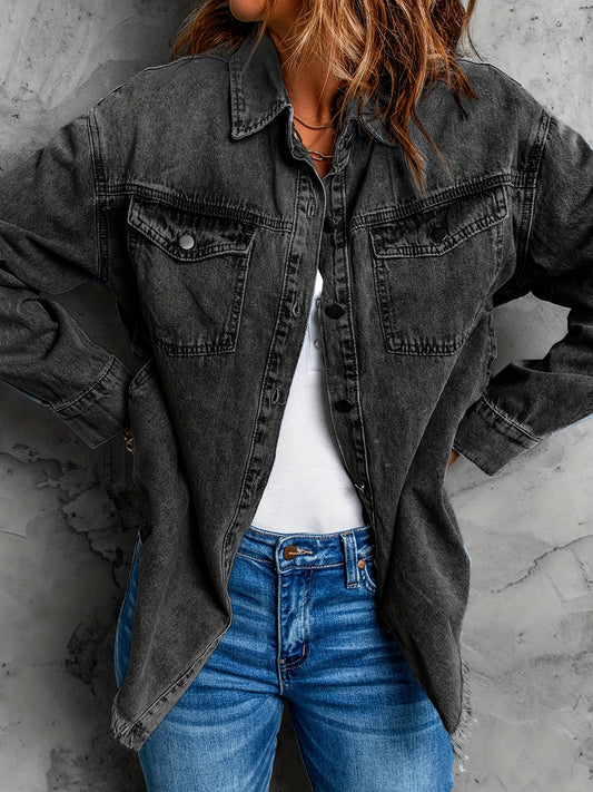 Frayed Hem Long Denim Jackets, Loose Fit Long Sleeves Versatile Lapel Denim Coats, Women's Denim Clothing MyFave Boutique