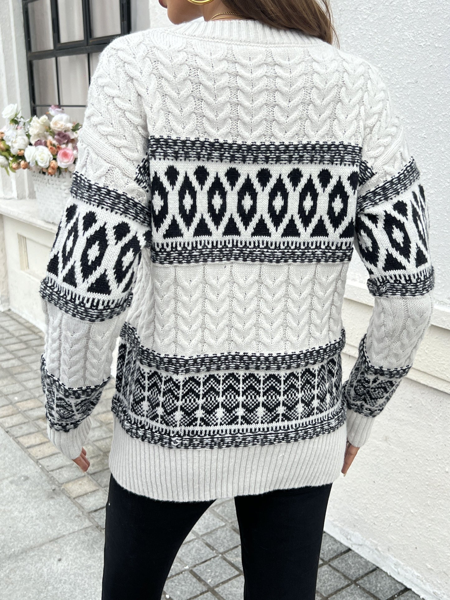 Geo Pattern Cable Knit Sweater, Crew Neck Elegant Long Sleeve Sweater For Fall & Winter, Women's Clothing MyFave Boutique