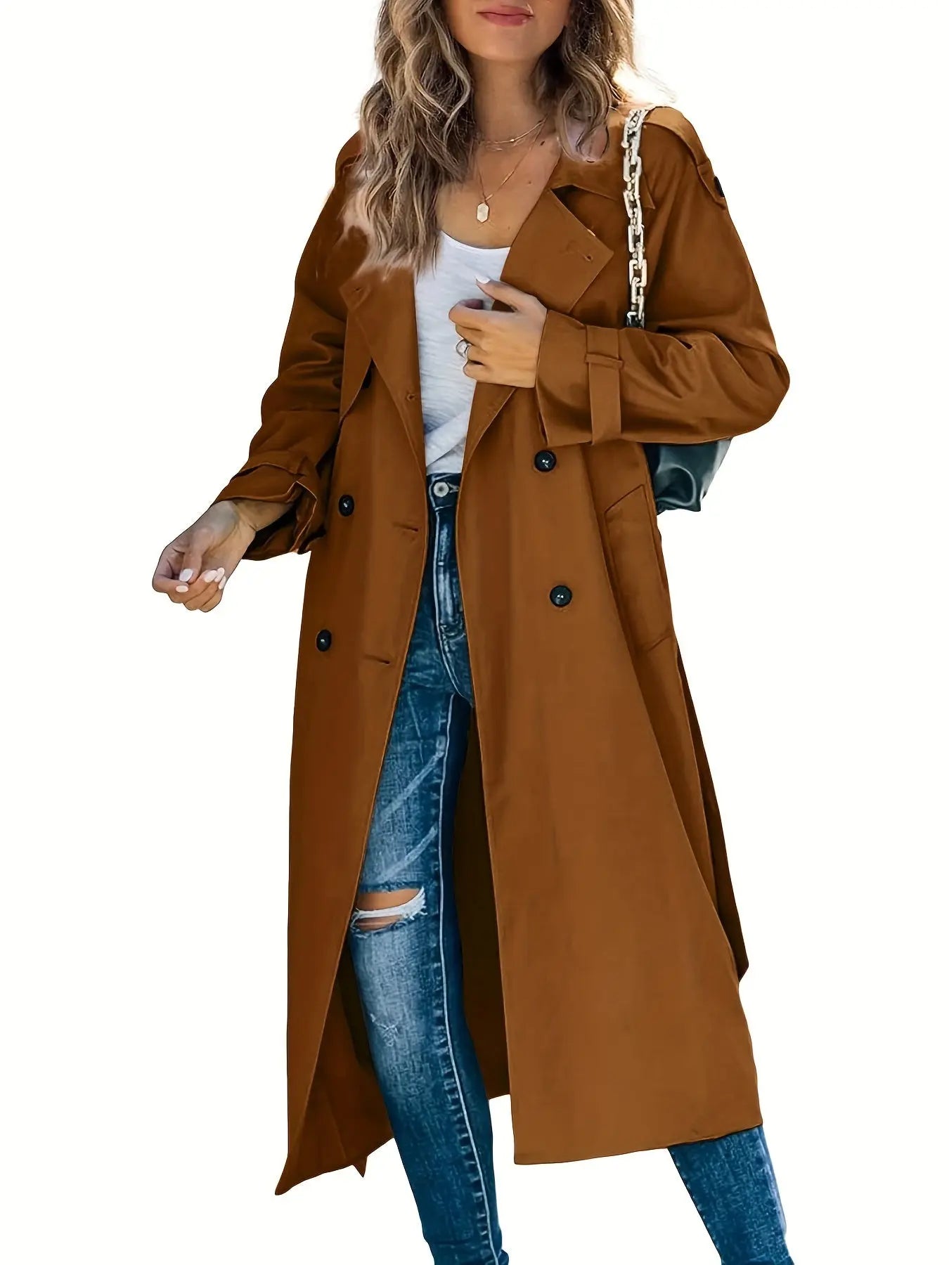 Double Breasted Lapel Trench Coat, Elegant Solid Color Belted Long Sleeve Outwear For Spring & Fall, Women's Clothing MyFave Boutique