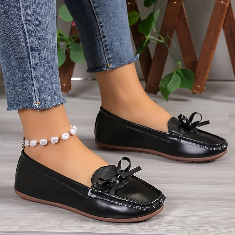 Women's Bow Flat Shoes, Solid Color Round Toe Slip On Shoes, Comfy & Lightweight Every Day Loafers MyFave Boutique