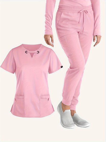 Solid Two-piece Set, Elegant V Neck Short Sleeve Scrub Top & Drawstring Pants Outfit For Medical & Health Care, Women's Clothing MyFave Boutique