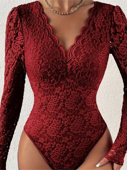 Lace Splicing Scallop Trim V-neck Bodysuit, Sexy Long Sleeve Skinny Bodysuit, Women's Clothing MyFave Boutique