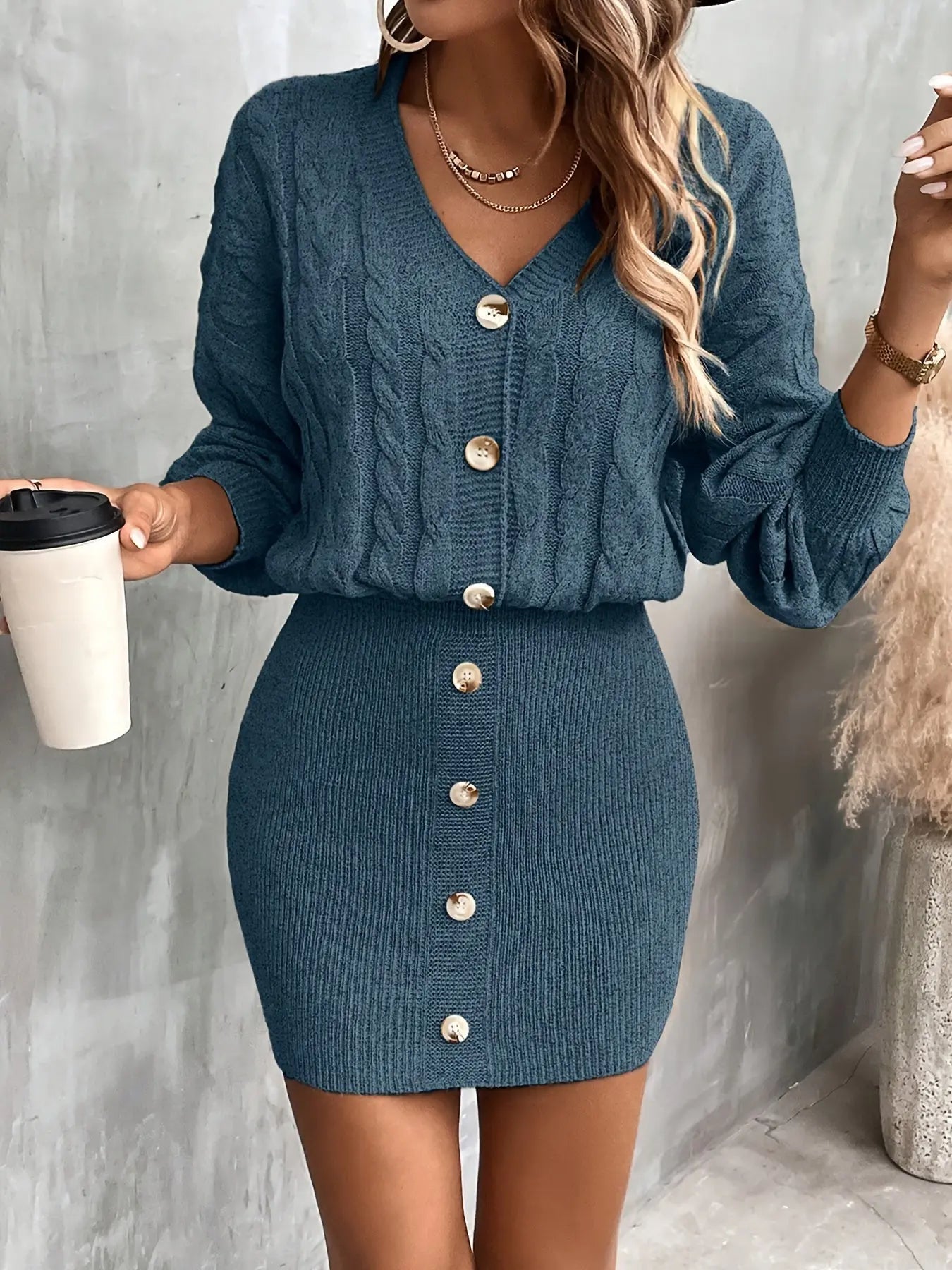 Cable Knit Button Front Bodycon Sweater Dress, Long Sleeve High Waist Elegant Solid Color Women's Dress MyFave Boutique