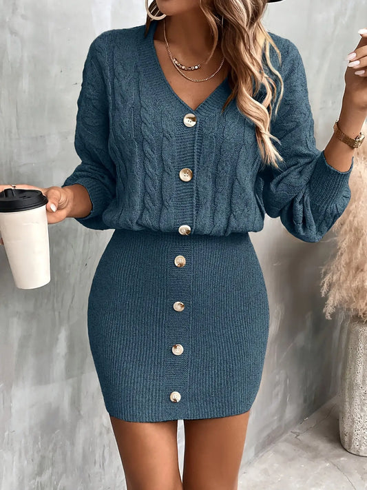 Cable Knit Button Front Bodycon Sweater Dress, Long Sleeve High Waist Elegant Solid Color Women's Dress MyFave Boutique