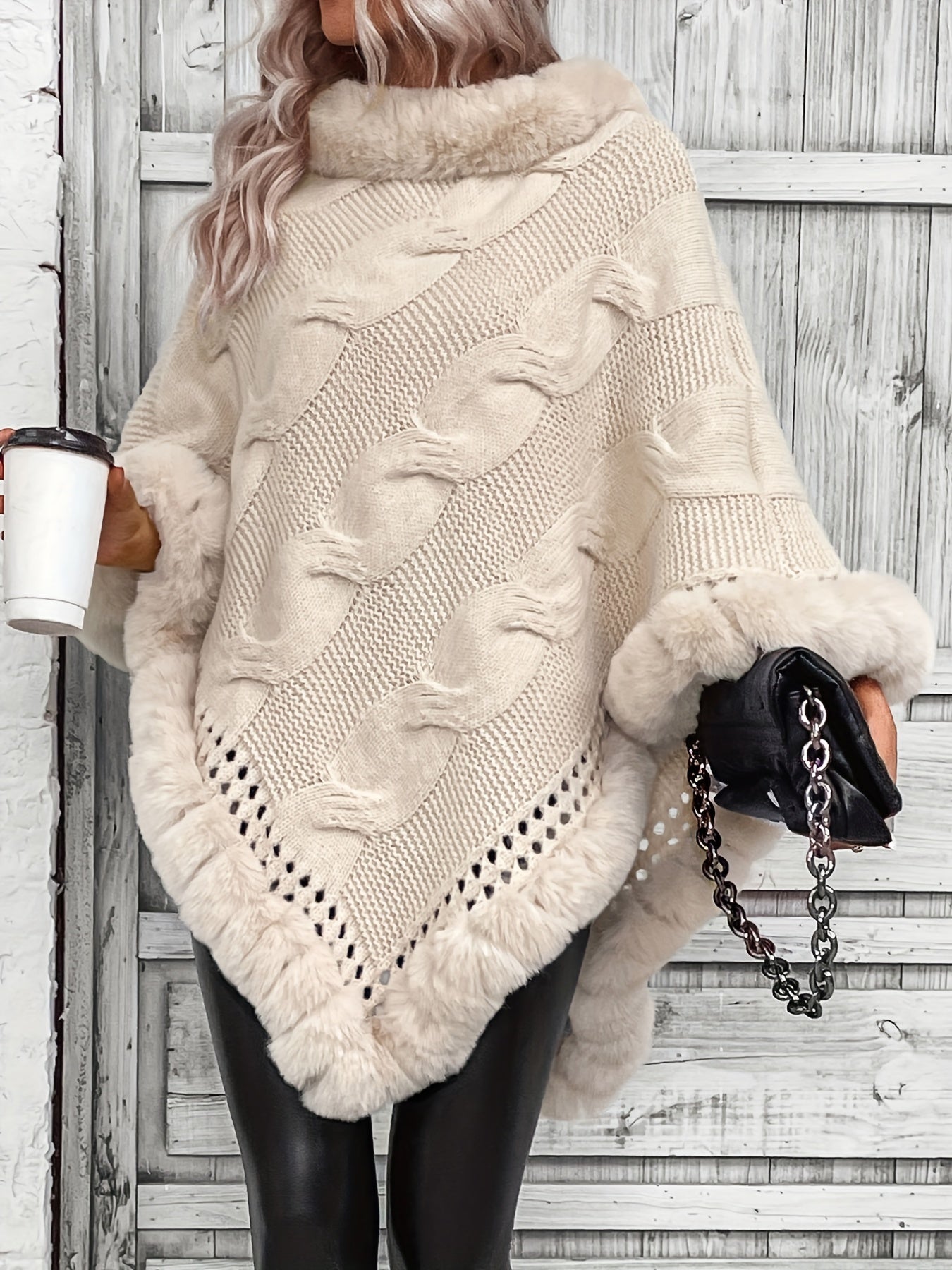 Cable Knit Faux-Fur Trim Cape Top, Elegant Solid Pullover Knitted Top For Fall & Winter, Women's Clothing MyFave Boutique